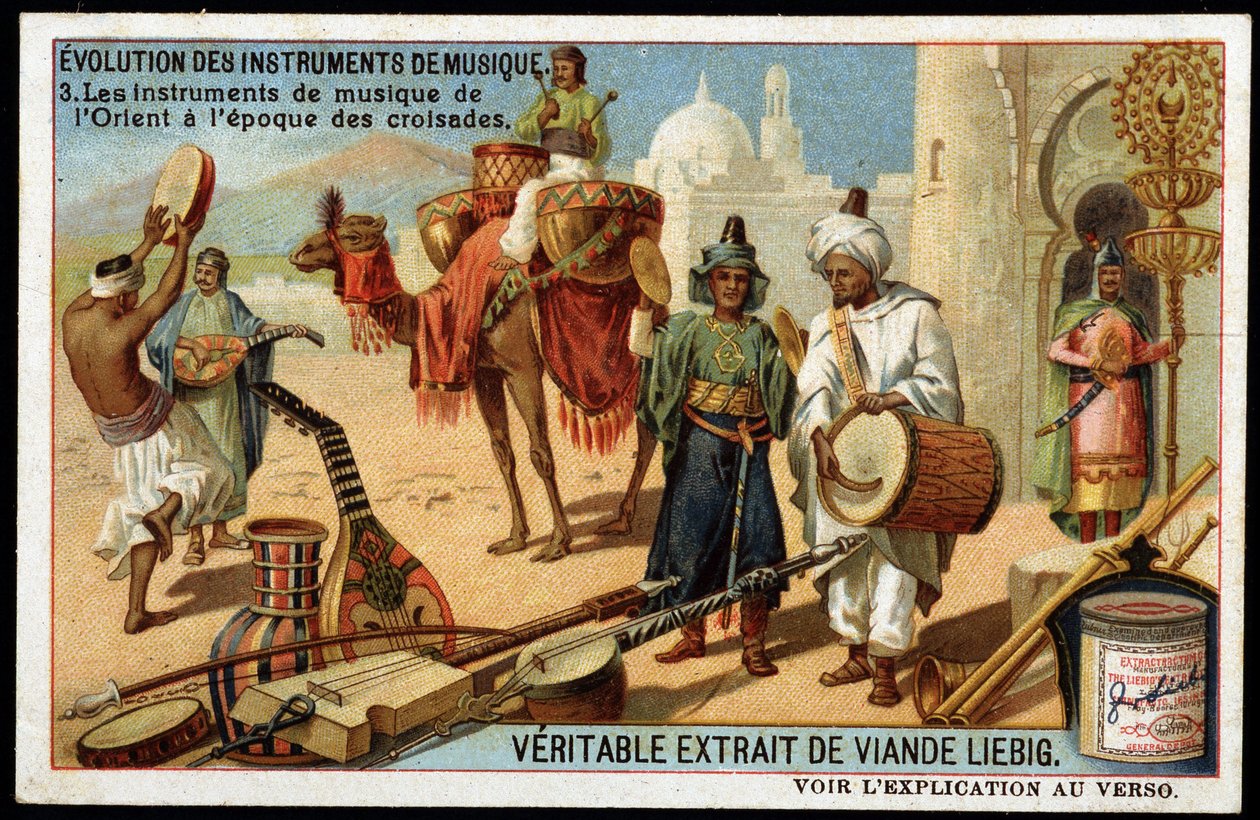 Udvikling af musikinstrumenter: Arabiske musikinstrumenter fra østen til korstogstiden. Bendir, Duff, oud, Rabab og andre strengeinstrumenter, blæser og percussion (tromme). Sent i det 19. århundrede liebig kromolitografi. af French School