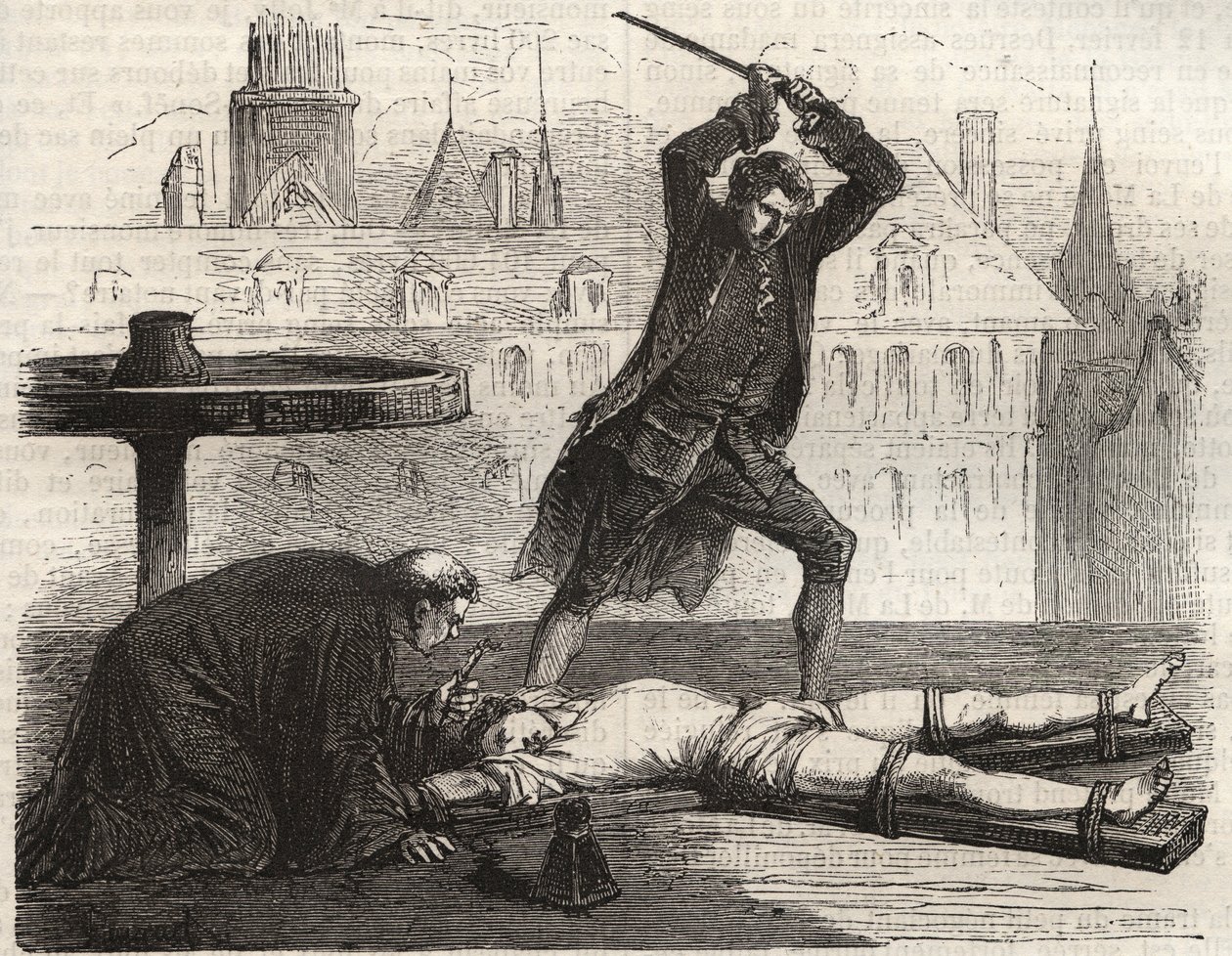 Henrettelse (Le torice de la roue) af forgiftningsmanden Antoine-Francois (Antoine Francois) Desrues (1744-1777) på Place des Greves i Paris i 1777 - Straf af Desrues, knækket på hjulet på Place de Greve i Paris af French School