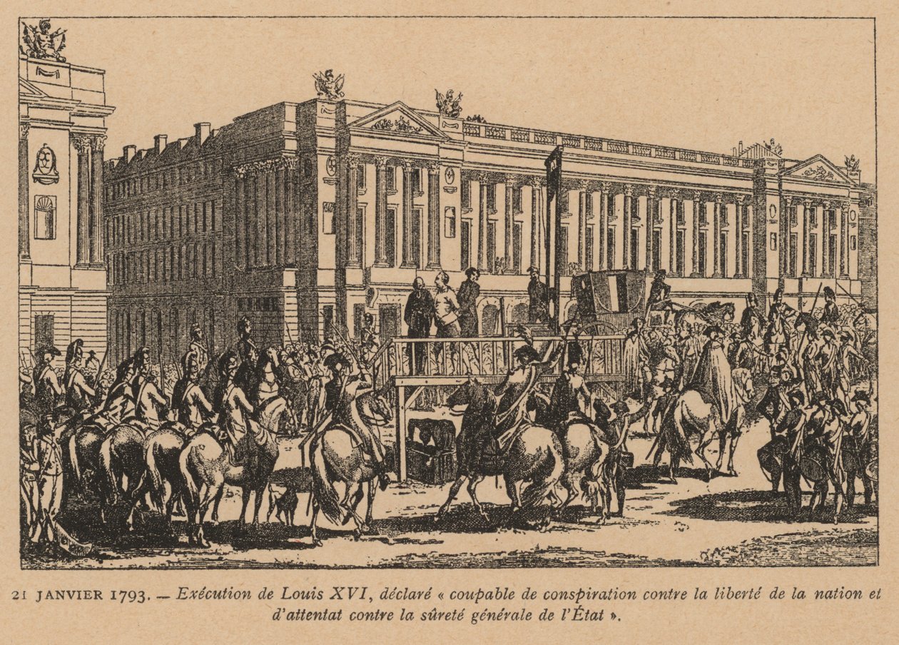 Henrettelse af kong Ludvig XVI af Frankrig, Paris, den franske revolution, 21. januar 1793 (kobberstik) af French School