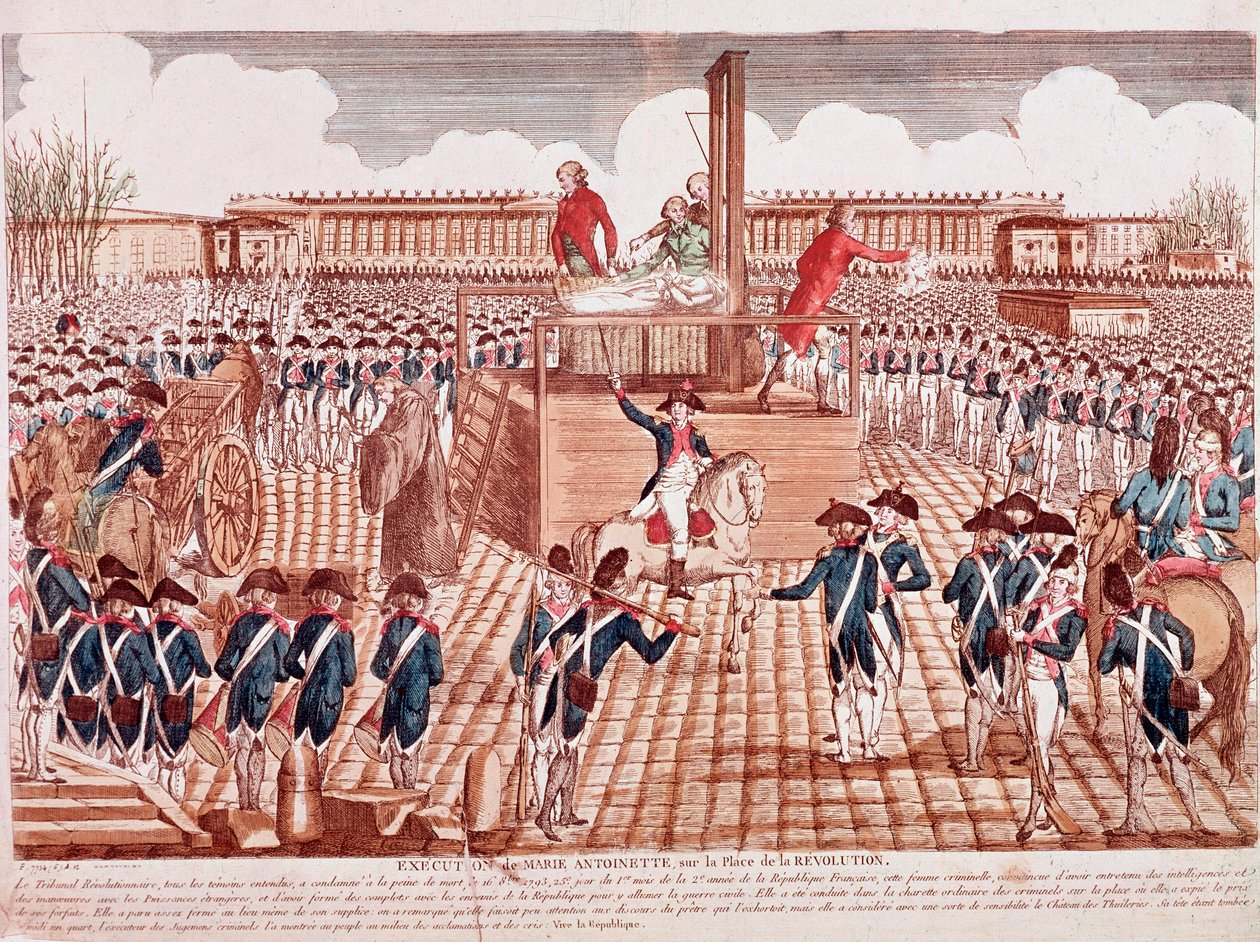 Henrettelse af Marie Antoinette, dronning af Frankrig, Place de la Revolution, Paris, 16. oktober 1793 (gravering) af French School