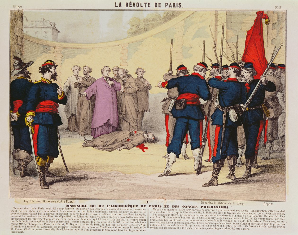 Henrettelse af ærkebiskoppen af Paris, Monseigneur Darboy, under Pariserkommunen, 1871 (farvestik) af French School