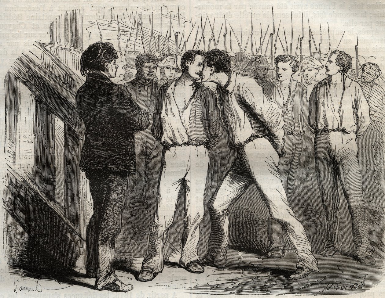 Henrettelse af de fire sergenter i La Rochelle den 21. september 1822: Bories, Raoulx, Gaubin, Pommier - Raoulx, som skulle passere den første, bad om at omfavne sine kammerater - Indgravering i "" Causes celebres de tous les peuples"" af Armand Fouquier ( af French School