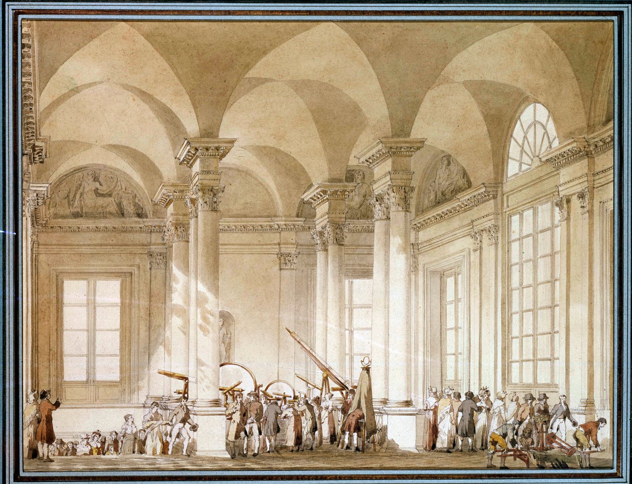 Udstilling af astronomiske briller og optiske instrumenter Akvarel fra det 18. århundrede. Paris, Louvre-museet af French School