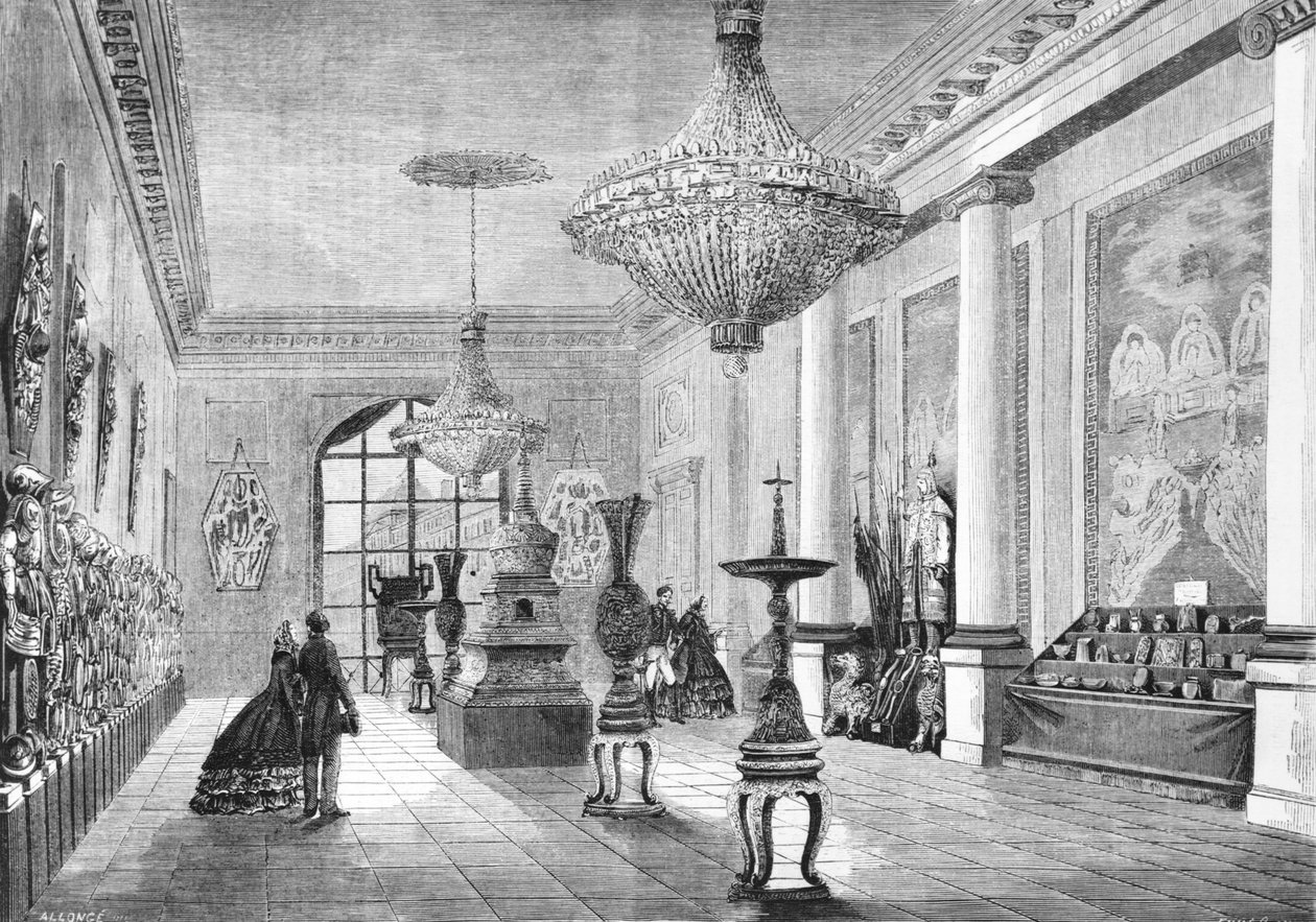 Udstilling af de kinesiske kuriositeter givet til kejseren af ekspeditionshæren, illustration fra Le Monde Illustre, 1861 af French School