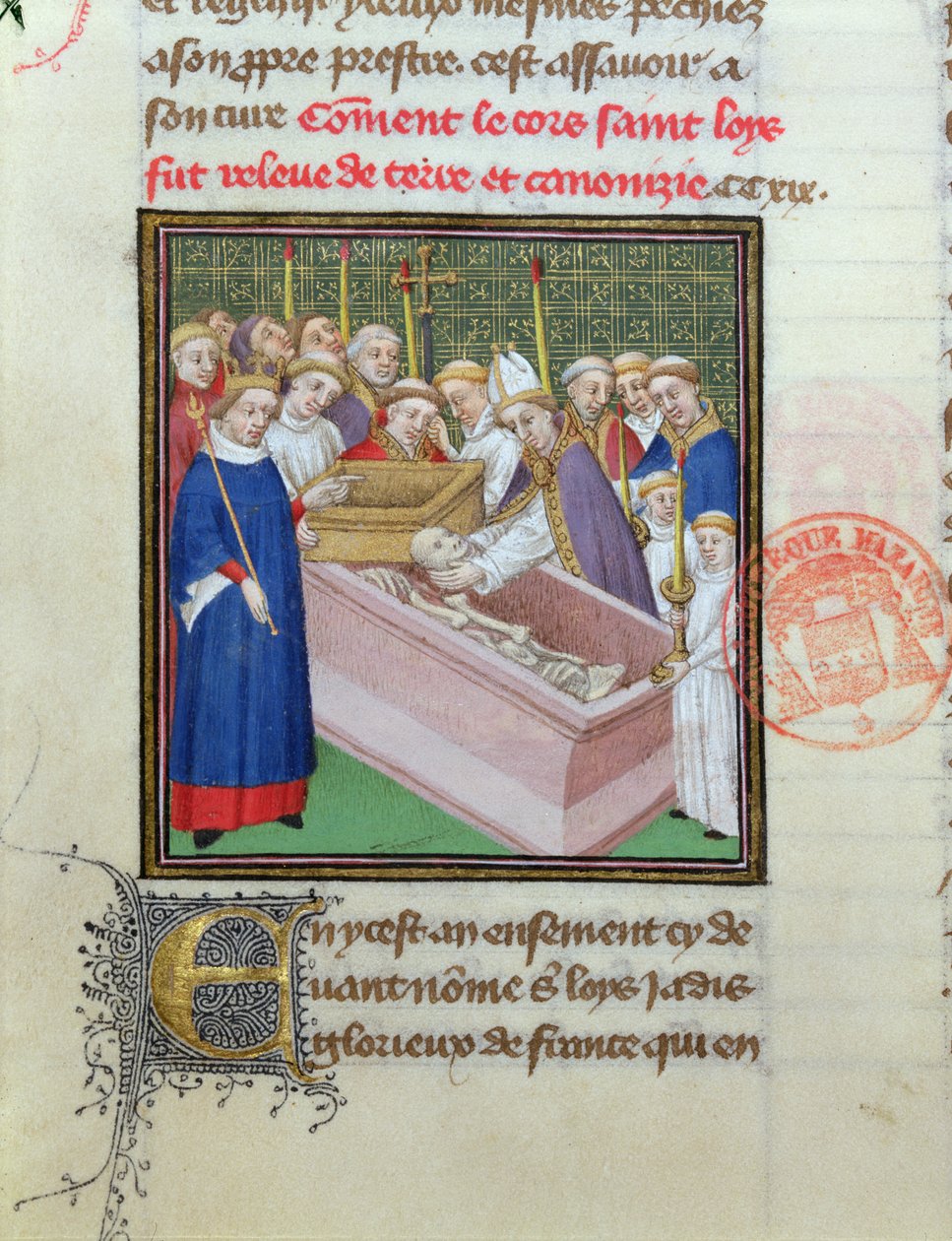 Udgravning og kanonisering af St. Louis (1215-70) i ​​1297, fra Les Grandes Chroniques de France af French School