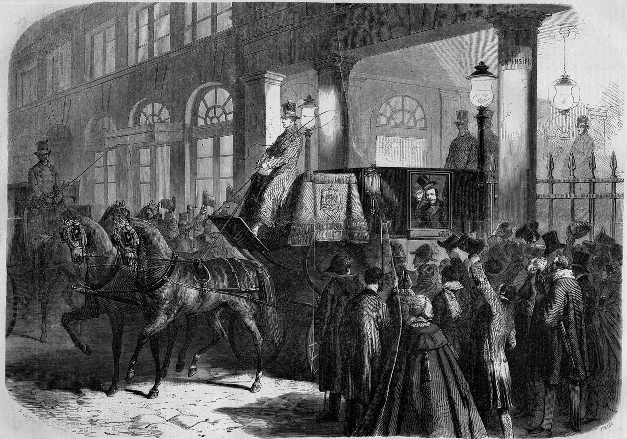 Udgang af kejser Napoleon III (1808-1873) fra Comedie Francaise (Comedie-Francaise) efter en repræsentation af "" Chatterton""". Paris af French School
