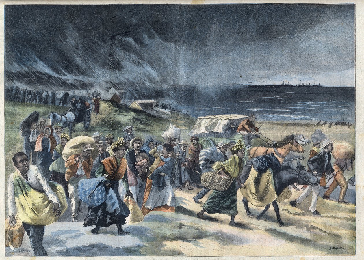 Udvandring af indbyggerne i Fort de France (Fort-de-France) efter udbruddet af vulkanen de la Montagne Pelee på Martinique. Gravering i "" Le Petro Parisien"" af French School