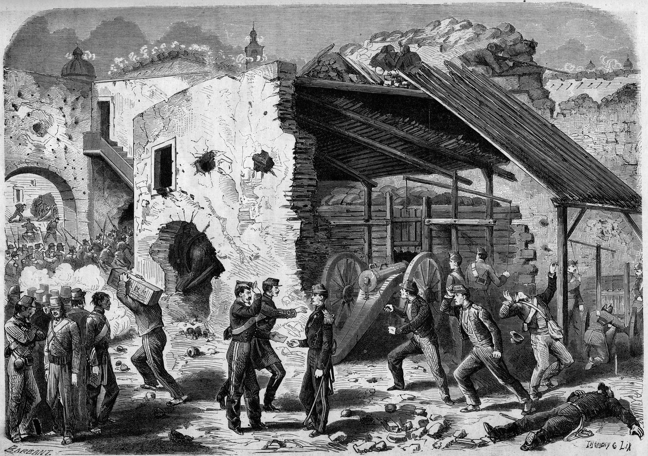 Ekspedition til Mexico (1861-1867) - belejring af Puebla - 1863: angreb på en ramme (husblok) af den franske hær. Vel inde i byen måtte de franske soldater kæmpe kvarter for kvarter. Indgravering i ""Verden I af French School