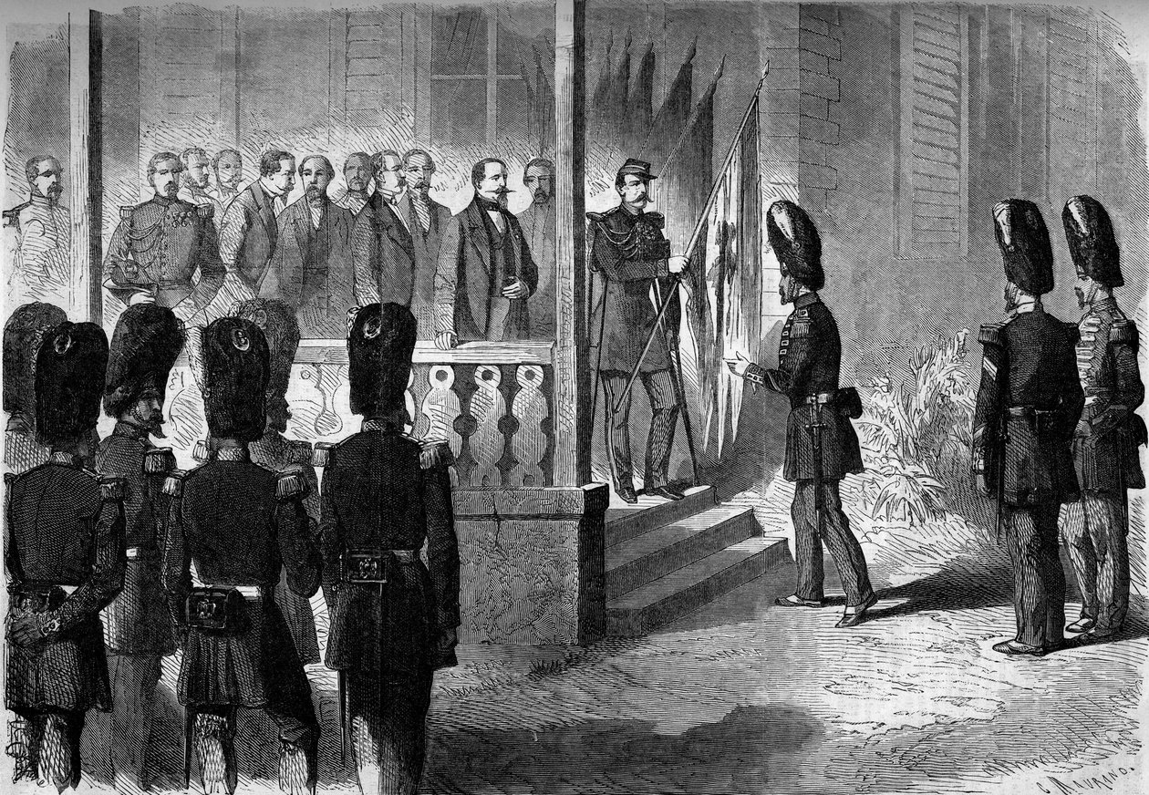 Ekspedition til Mexico (1861-1867): Napoleon III (1808-1873) får sergenterne fra vagtens grenadierregimenter tildelt flagene taget af den franske hær i Mexico af French School