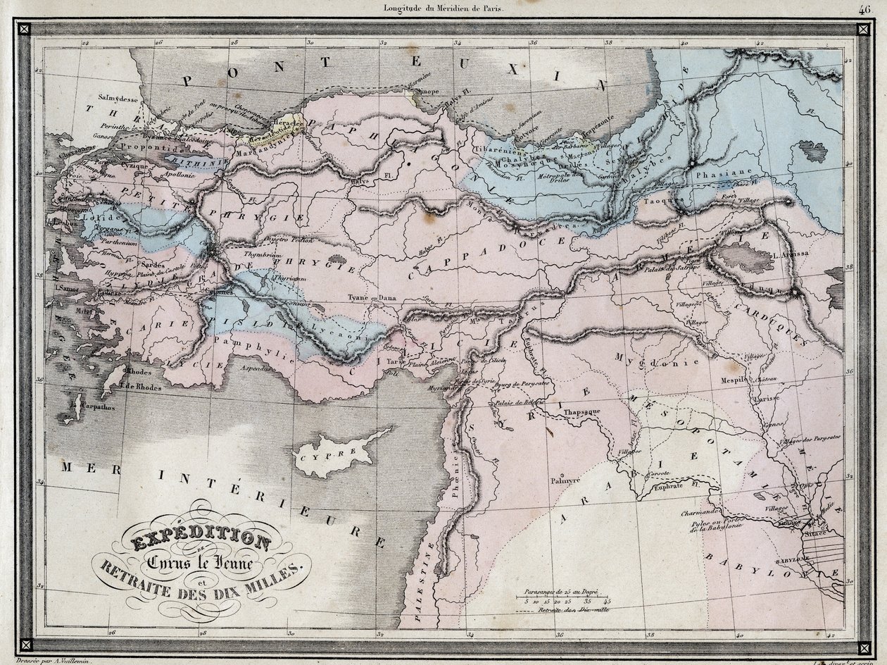 Ekspedition af Cyrus den Unge (5. århundrede f.Kr.) og tilbagetog af de ti miles - Plade udtrukket fra "" Universal Atlas for gammel og moderne geografi til beboelsesskoler"" af Vuillemin - ca. 1845 af French School