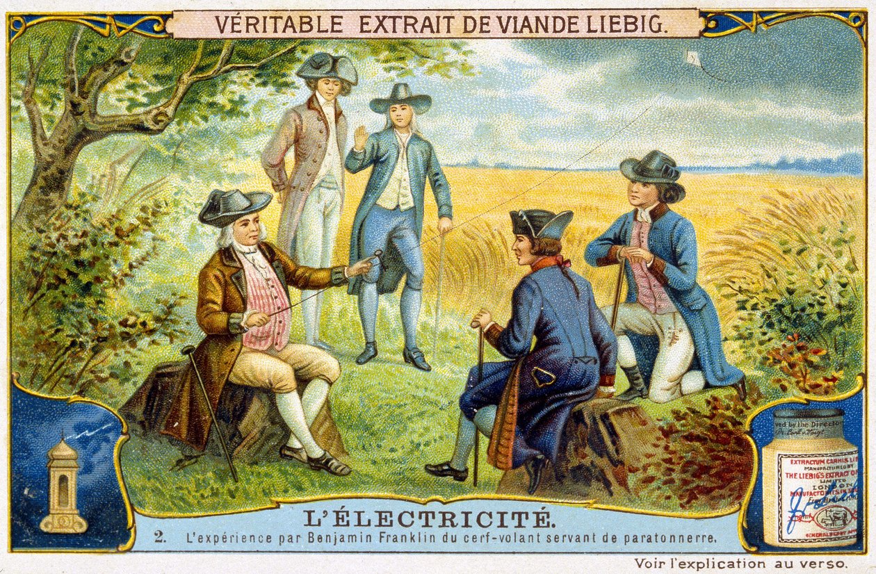 Erfaring af Benjamin Franklin med flyvende hjorte brugt som lynafleder - Liebig reklamemærkat af French School