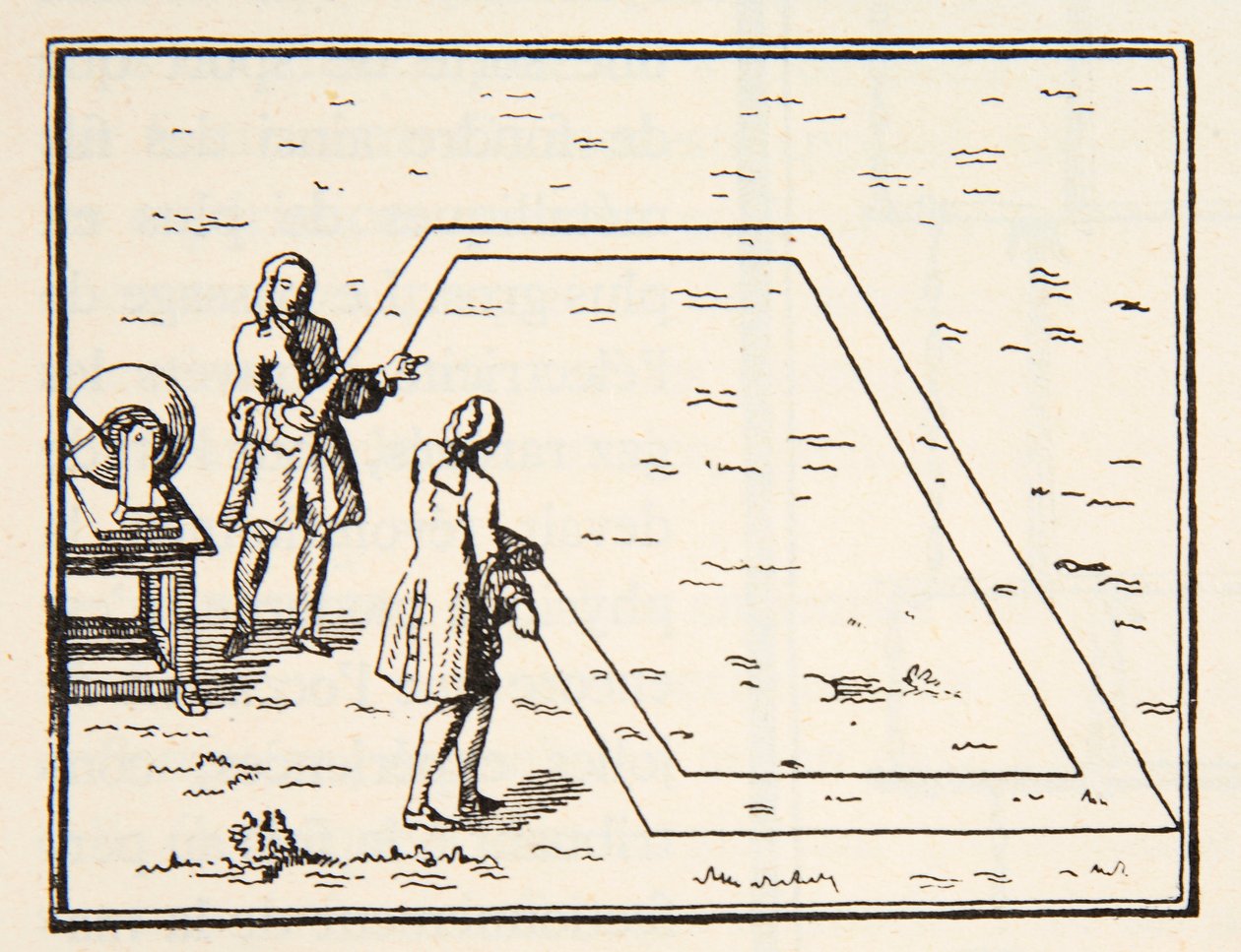 Le Monniers eksperiment om elektricitets hastighed, 1751, kopi af Boris Mestchersky (d.1957) illustration fra Histoire de la Nation Francaise, Sciences, bind I & II, af Gabriel Hanotaux (185) af French School