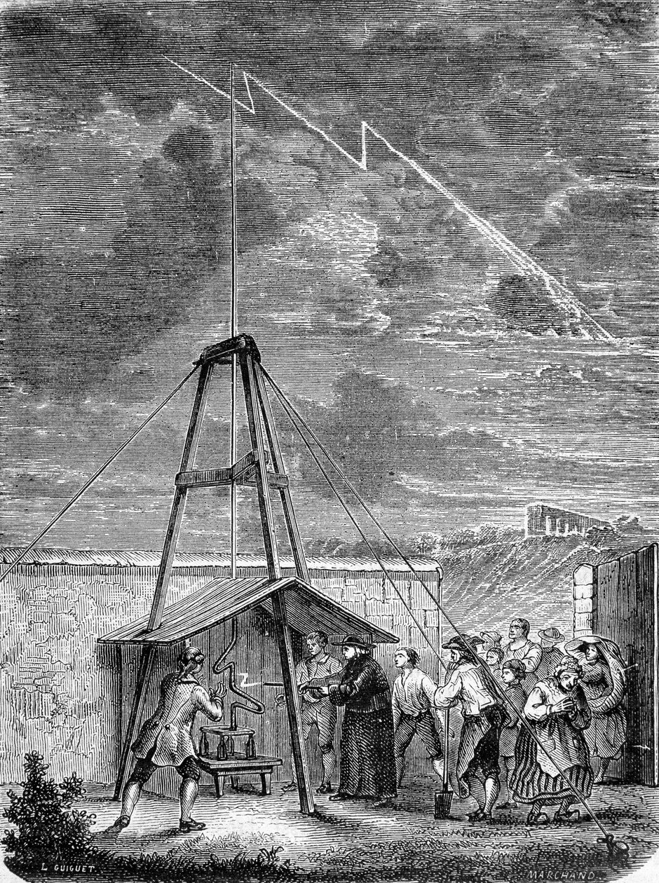 Erfaring lavet den 10. maj 1752 af Thomas Francois (Thomas-Francois) Dalibard (1703-1779) en Marly, første demonstration af tilstedeværelsen af elektricitet i stormfulde skyer - gravering af French School