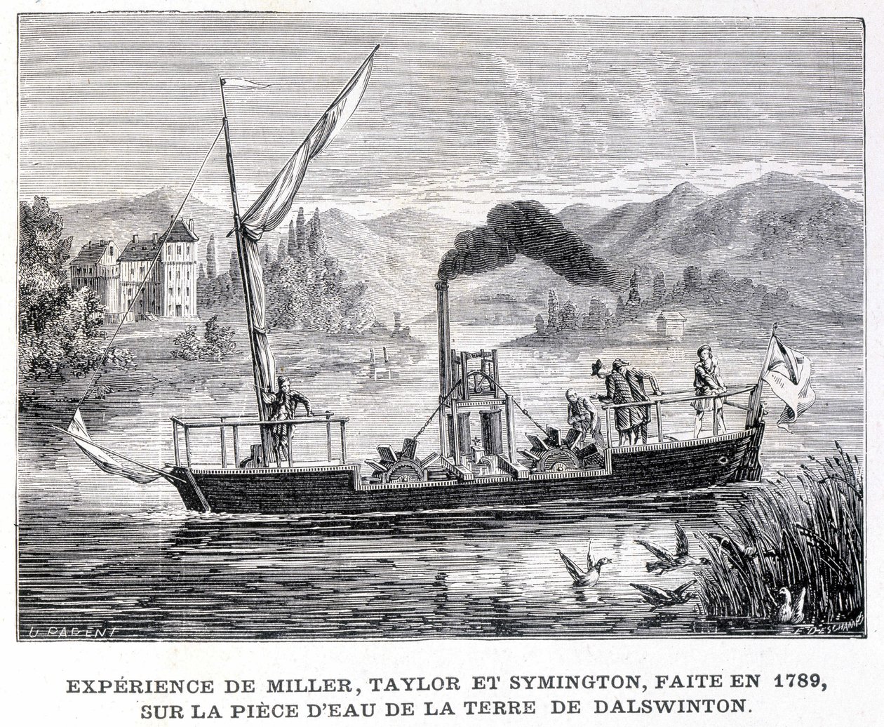 Oplevelse af Miller, Taylor og Symington, lavet i 1789, på vandstykket af Dalswintons land - i "" Album of Science; berømte lærde; Store opdagelser””” 1896. af French School