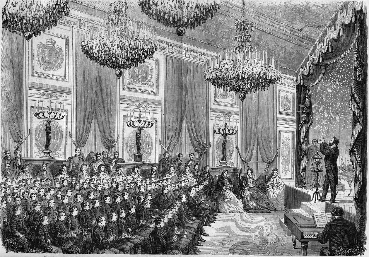 Fysiske eksperimenter udført af Henri Robin (ca. 1803-1874) til ære for de bedste elever fra Lycees de Paris, et show tilbudt af Prince Imperial på Tuileries Palace, 27. januar 1865. Til stede: Prince Imperial, søn af N af French School