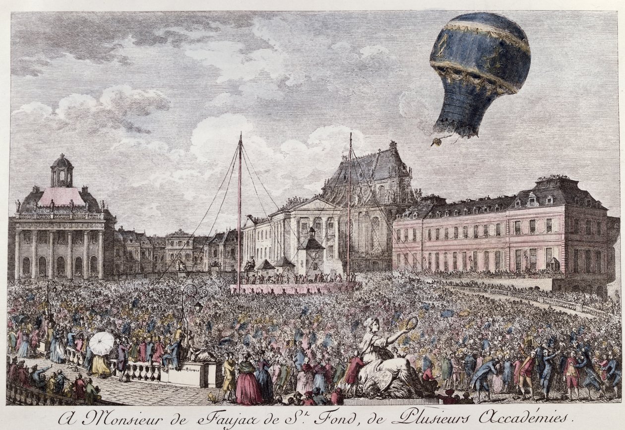 Eksperimenter i Versailles af Montgolfier-brødrene med flyvningen i en Montgolfiere-luftballon af en hane, en and og et får den 19. september 1783 af French School