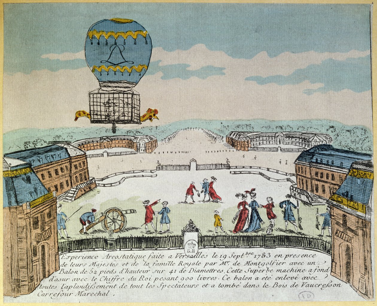 Eksperimenter i Versailles af Montgolfier-brødrene med flyvningen i en Montgolfiere-luftballon af en hane, en and og et får den 19. september 1783 af French School