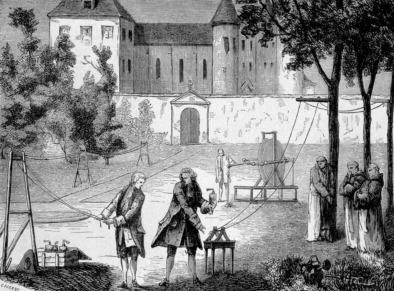 Eksperiment udført i 1746 af Lemonnier i klosteret Chartreux for at værdsætte elektricitetens hastighed - i "Album de la Science; berømte videnskabsmænd; Store opdagelser””” 1896. af French School