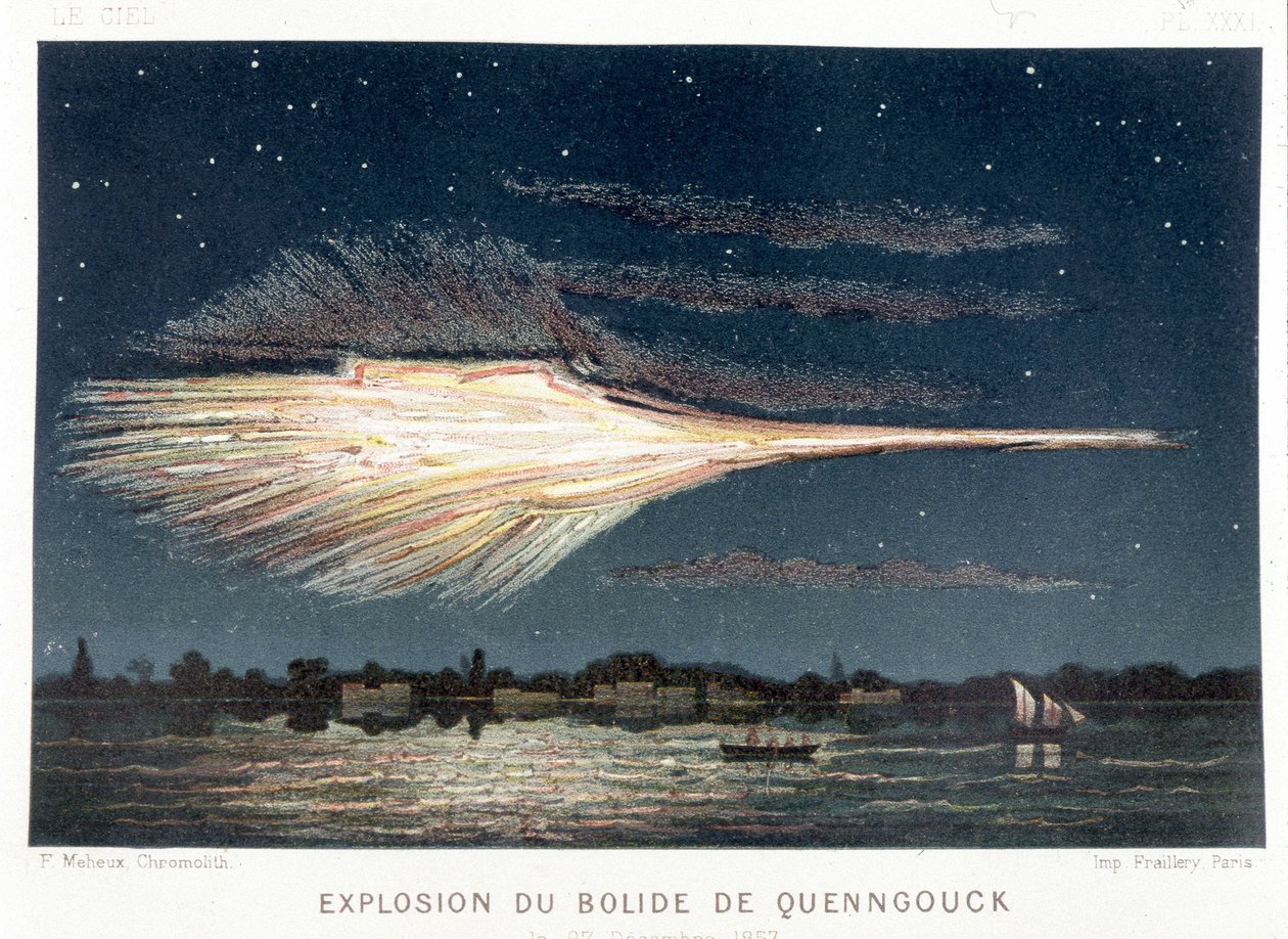 Eksplosion af Quenngouck bolide (meteorit) den 27. december 1857 - i "" Le Ciel"" af Amédée Guillemin, Paris af French School