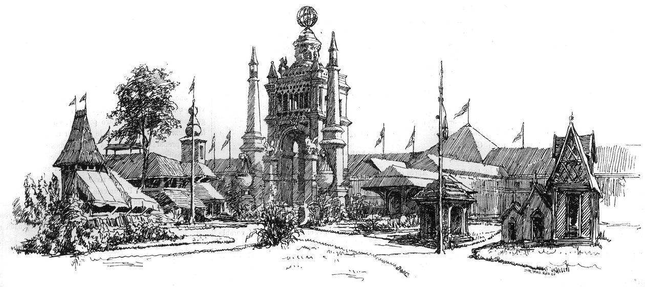 Verdensudstilling i Antwerpen (Belgien) i 1885: udsigt over udstillingsbygningerne. Indgravering i ""Le Monde Illustre"", 22. august 1885. af French School