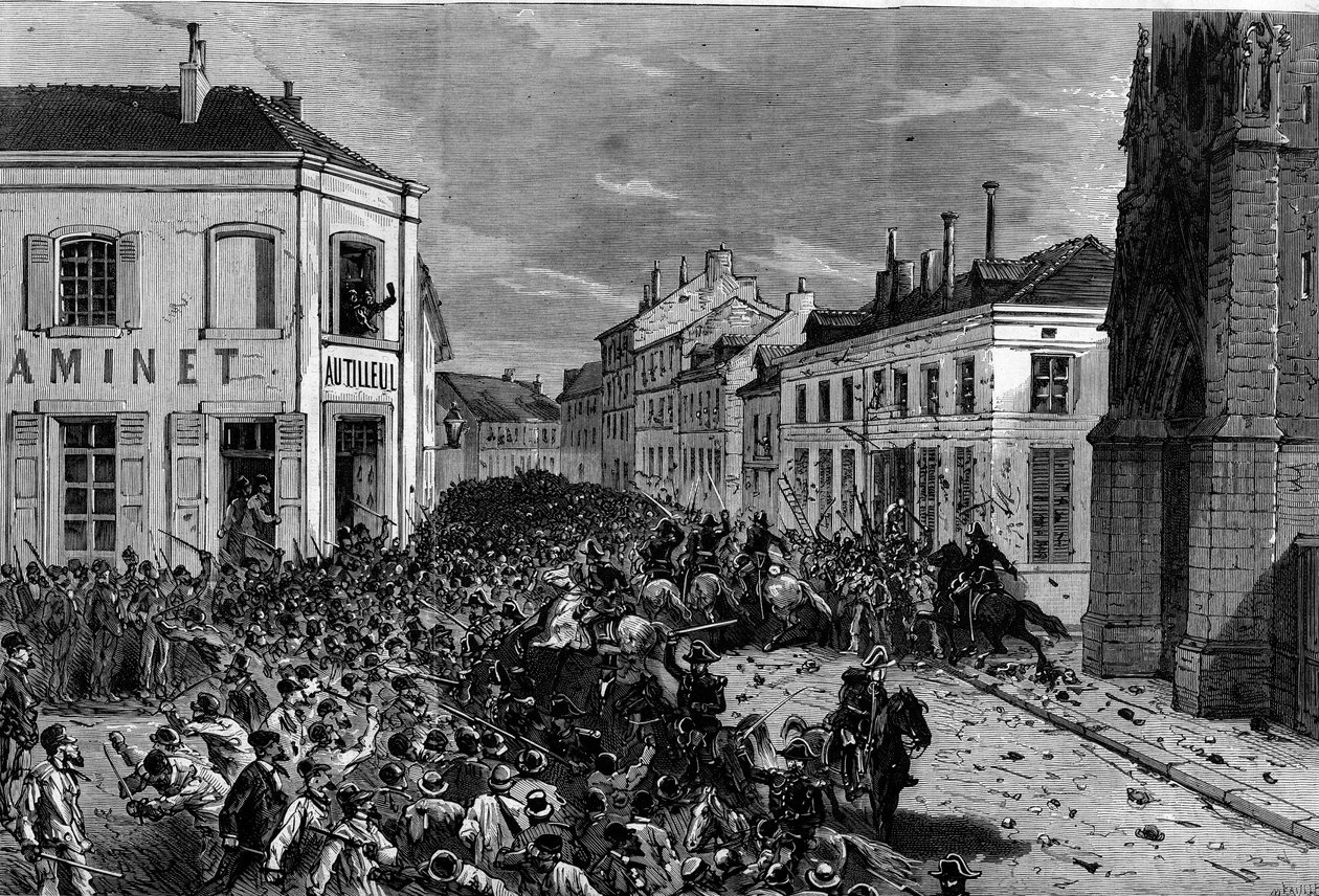 Udvisning af maristerne fra Tourcoing efter dekreterne fra marts 1880, truffet af Jules Ferry og fjernelse af retten til at undervise medlemmer af uautoriserede religiøse menigheder: politiet spredte rytterne, fjendtlige over for udvisningen af maristerne, af French School