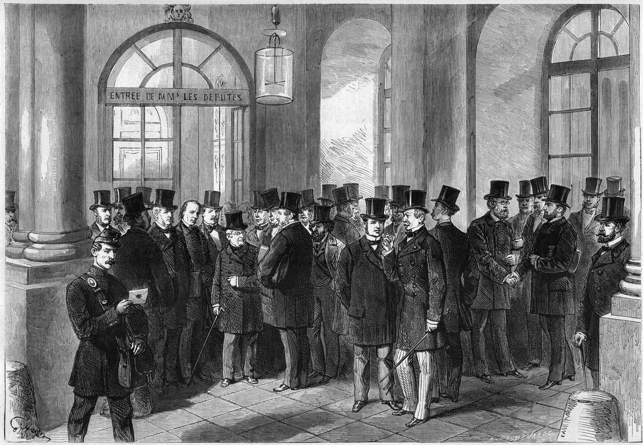 Forlængelse af præsidentperioden for marechal af Mac-Mahon (Mac Mahon), etablering af septennaten i Frankrig, november 1873: udsigt over indgangsdøren til Assembllee de Versailles, på dagen for diskussion af prorogationen. Fra venstre mod højre af French School