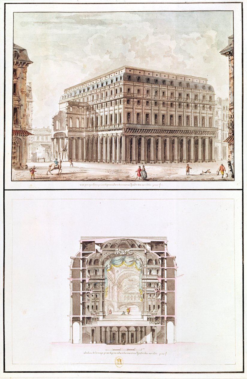 Eksteriør og tværsnit af det indre af Theatre des Varietes, 6 rue de Richelieu af French School