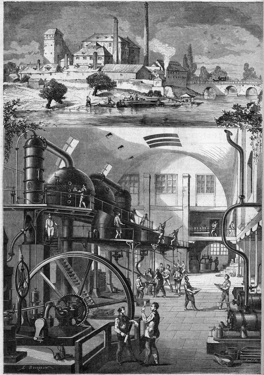 Udvendig udsigt og hovedværksteder på det store sukkerraffinaderi Les Recollets, ejet af Mr. Cedard i Nantes i 1864. Indgravering i "" Le Monde Illustré"" nr. 380 af 23. juli 1864. af French School
