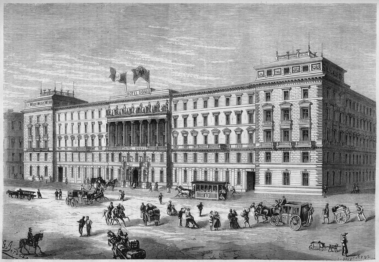 Udvendig udsigt af Hotel Donau i Wien, Østrig af French School