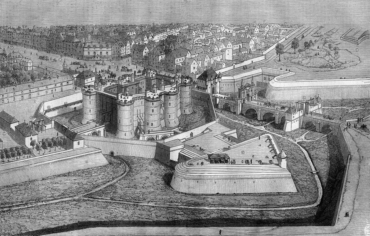 Udvendig udsigt over Bastillen i Paris i 1650. af French School