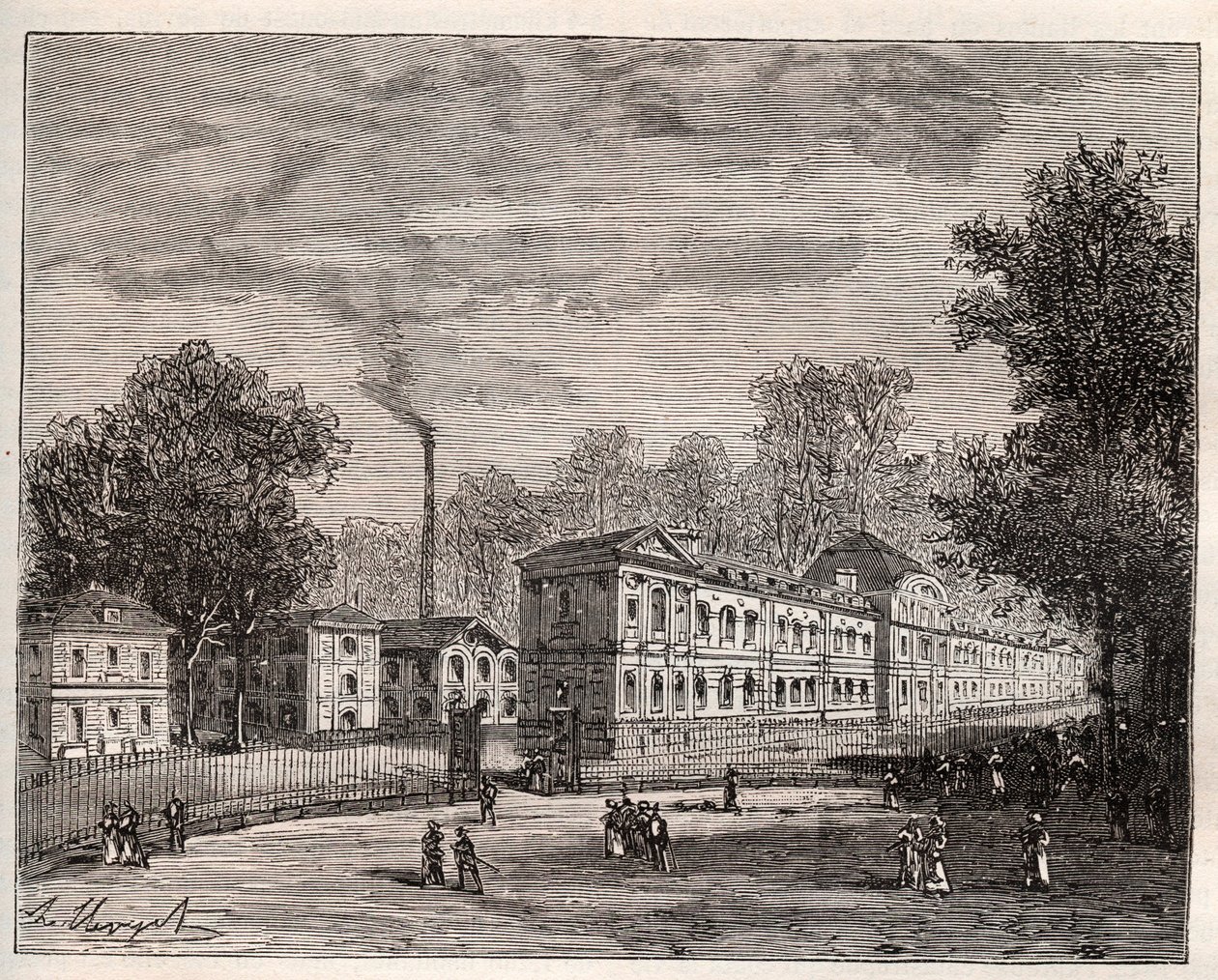 Udvendigt billede af Imperiale Porcelænsfabrik i Sevres, bygget i parken Saint Cloud efter arkitekten Laudins planer - indgravering i "Frankrig illustree: geografi, historie, statistisk administration" af V.-A. Malt-brun. 1884 af French School