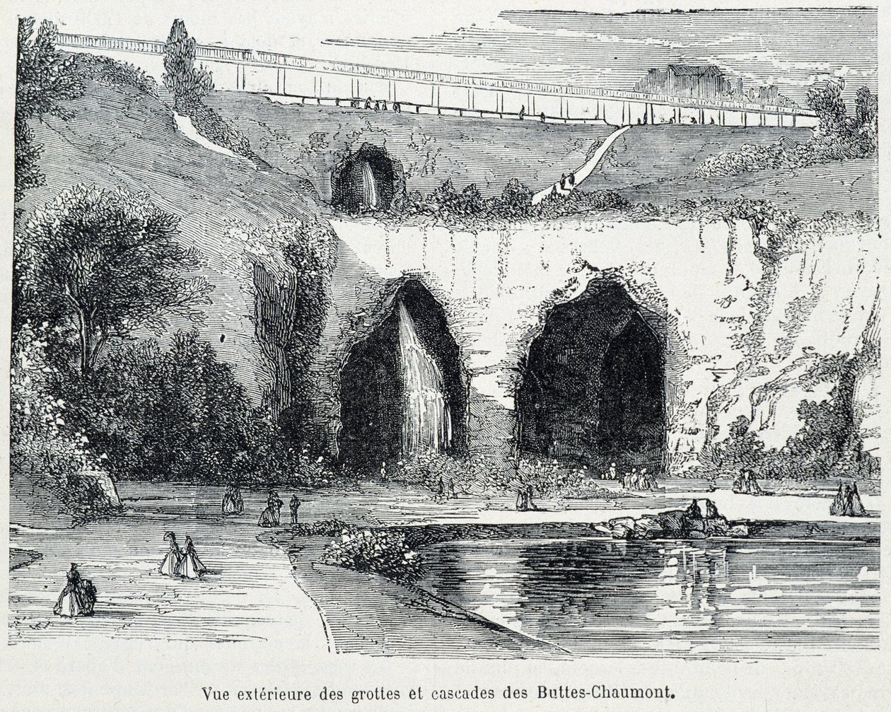 Udvendig udsigt over kaskaderne og hulerne i Buttes Chaumont, gravering fra det 19. århundrede af French School