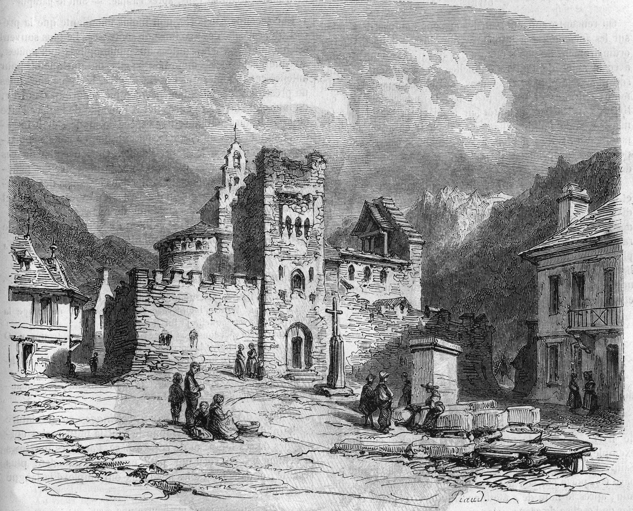 Udvendig udsigt over kirken Saint Andre (templerkirken), befæstet i det 14. århundrede. Luz saint savior (Luz-Saint-Sauveur), Hautes Pyrenees (65) af French School