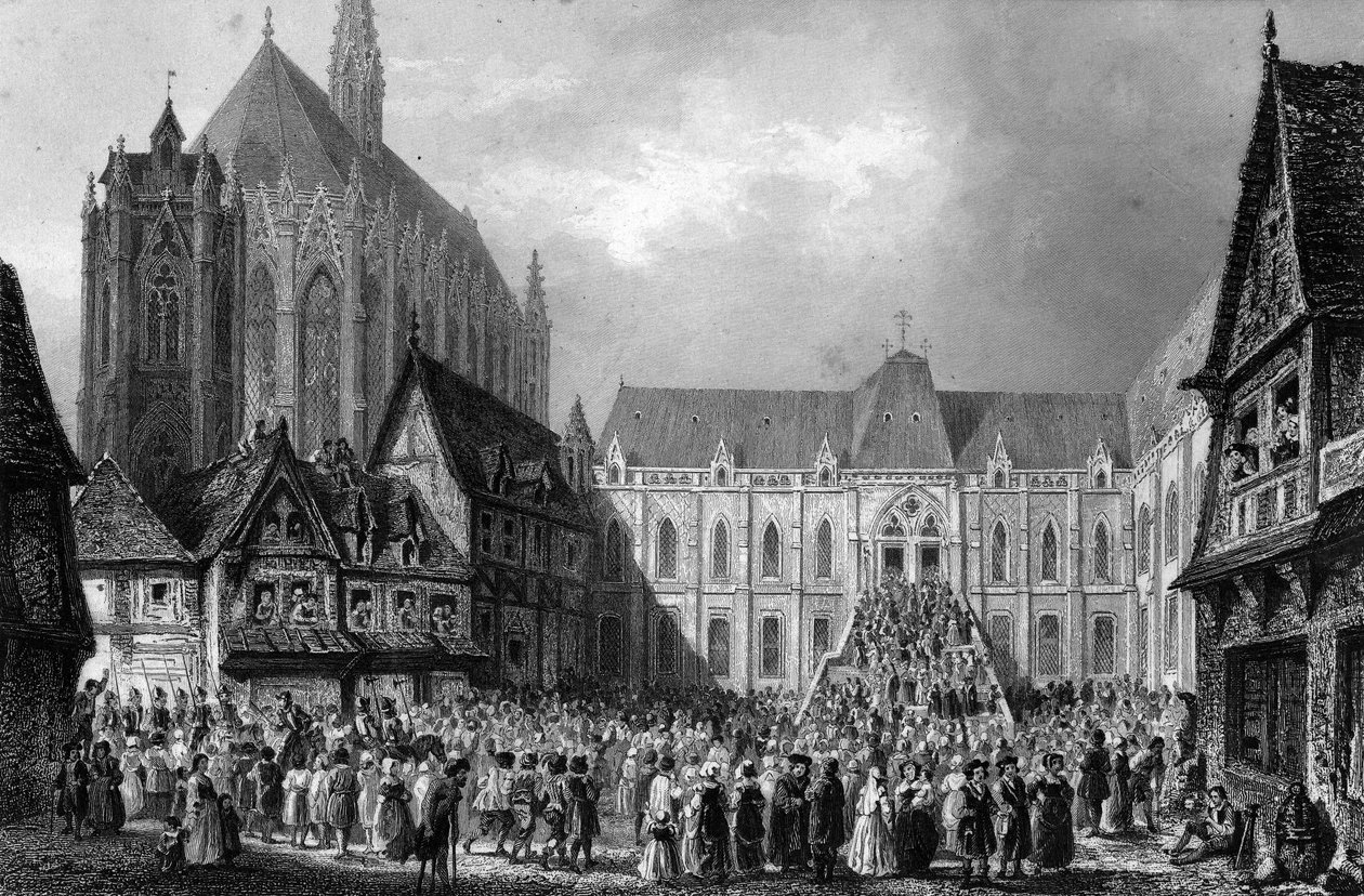 Udvendig udsigt over retsbygningen. I "Notre Dame de Paris" af Victor Hugo, gravering fra 1844. af French School