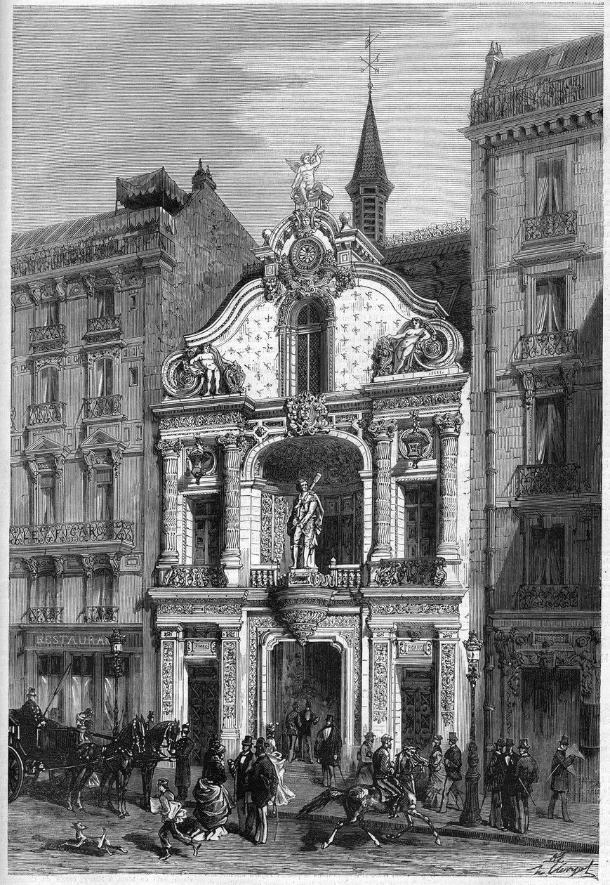 Udvendig udsigt af hotellet i avisen "" Le Figaro"" i Paris på 26, rue Drouot. Indgravering i "" Le Monde Illustré"" nr. 888 af 18. april 1874. af French School