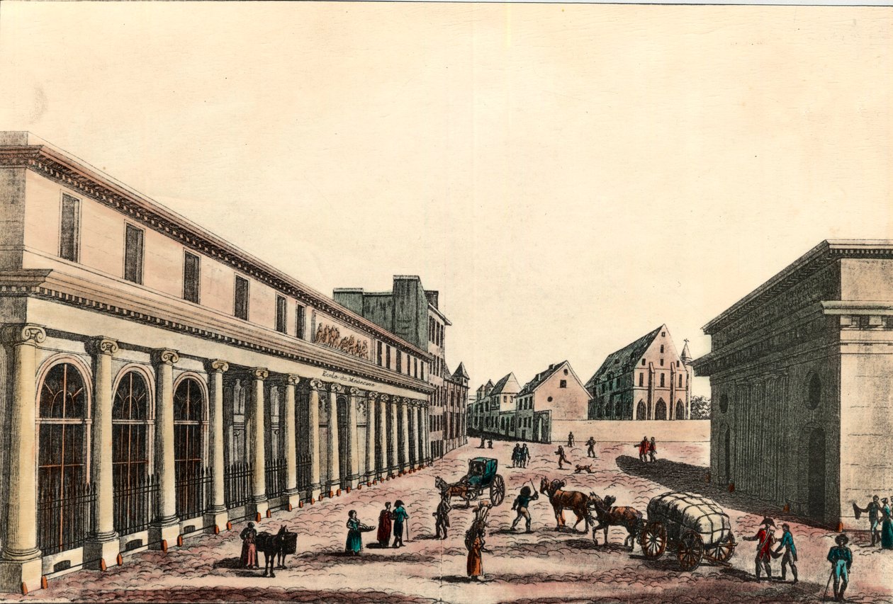 Udvendigt billede af lægeskolen i Paris under konsulatet (1799-1804). Indgravering af det 19. århundrede. Privat samling. af French School