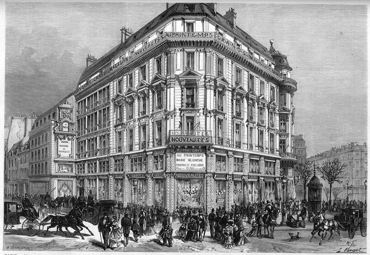 Udvendigt billede af de nye Printemps-butikker i Paris, på dagen for indvielsen af "Wien Elevatorerne" i 1874. Indgravering i "" Le Monde Illustré"" nr. 885 af 28. marts 1874. af French School