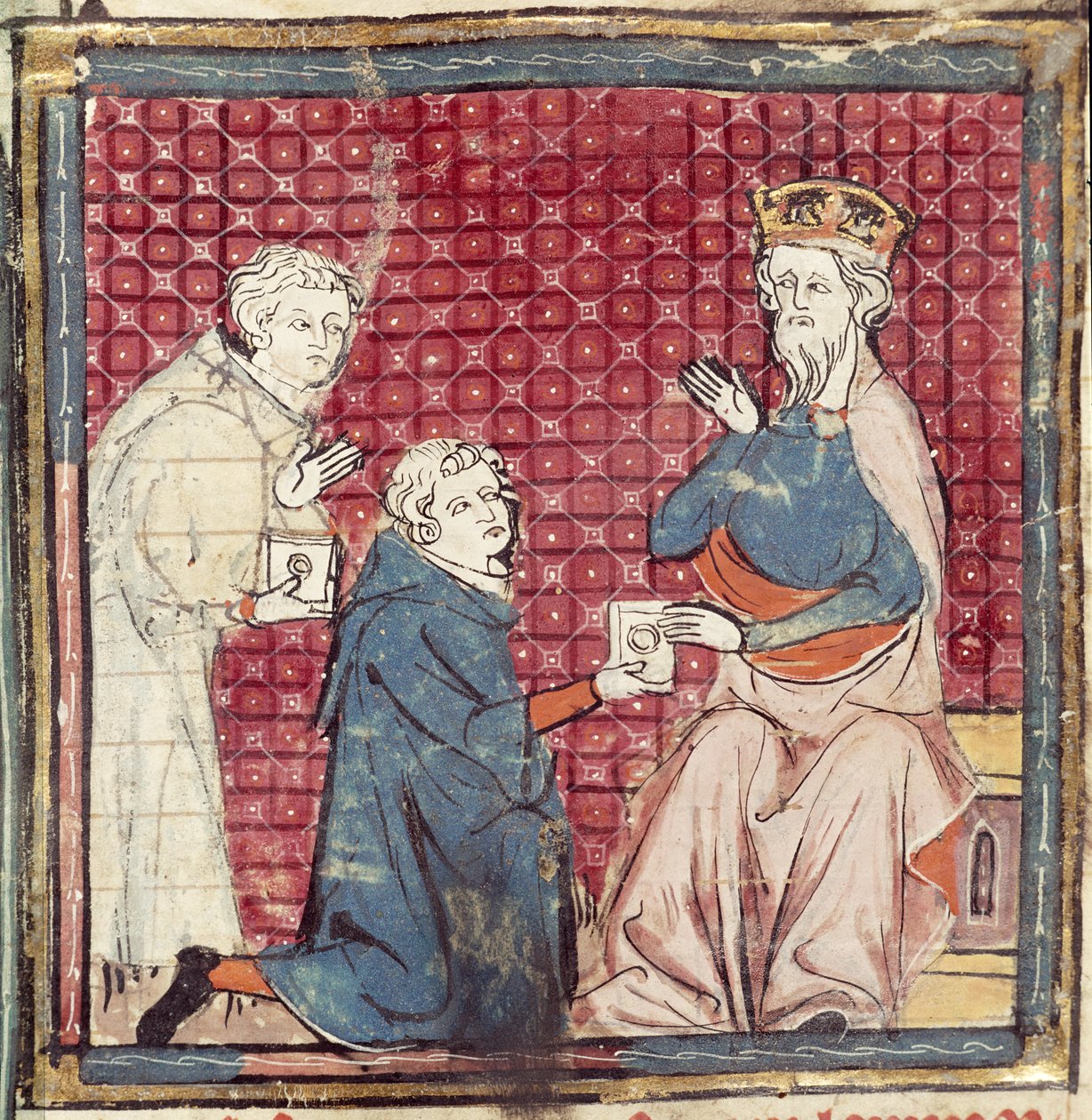 F.117r Budbringere, der fortæller Karl den Store om sejren over saracenerne, fra Grandes Chroniques de France, 1375-79 af French School