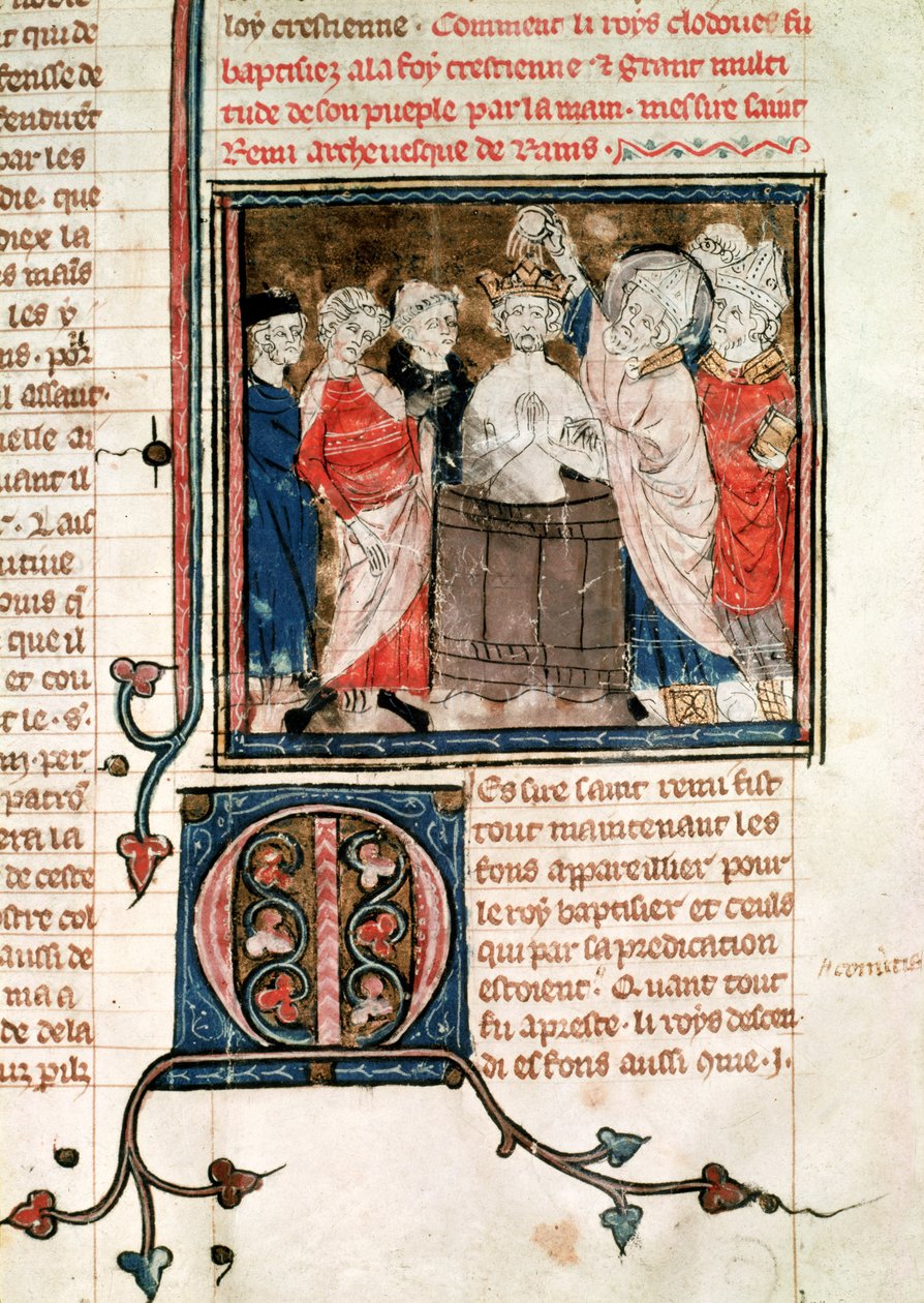 F.11r St. Remigius (c.438-533) Biskop af Rheims, dåb og salvelse Clovis I (465-511) Frankernes konge, fra Grandes Chroniques de France, 1375-79 af French School