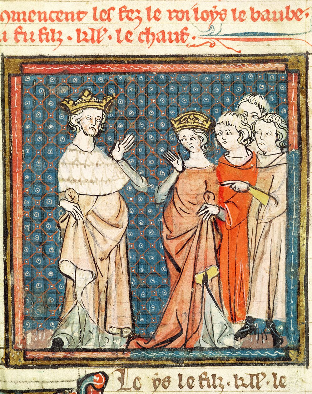 F.180r Ægteskabet mellem Ludvig II (846-79) Stammeren og Adelaide af Frioul, dronning af Aquitaine, fra Grandes Chroniques de France 1375-79 af French School