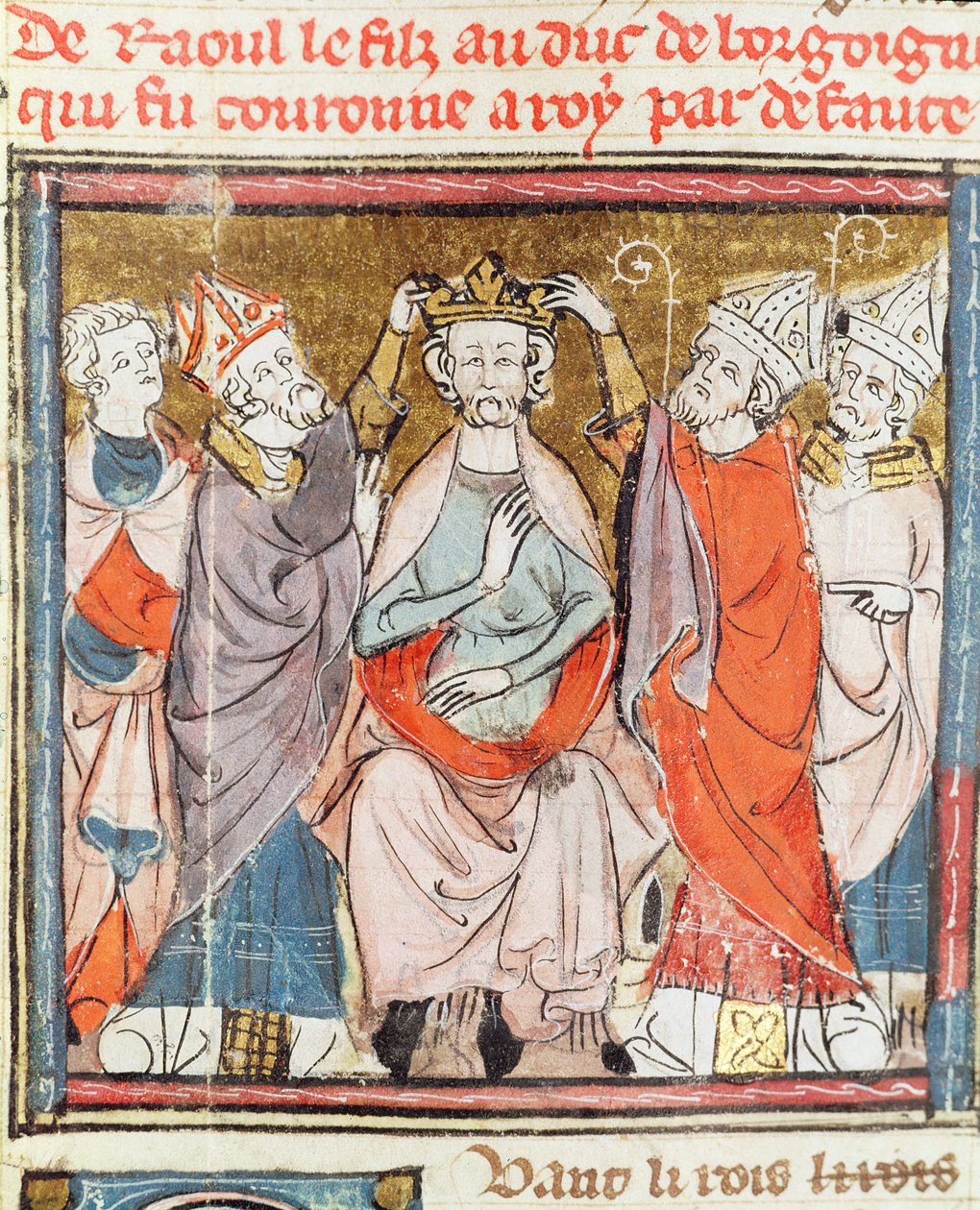 F.188r Raoul, søn af hertugen af Bourgogne, krones til konge af Frankrig, fra Grandes Chroniques de France, 1375-79 af French School