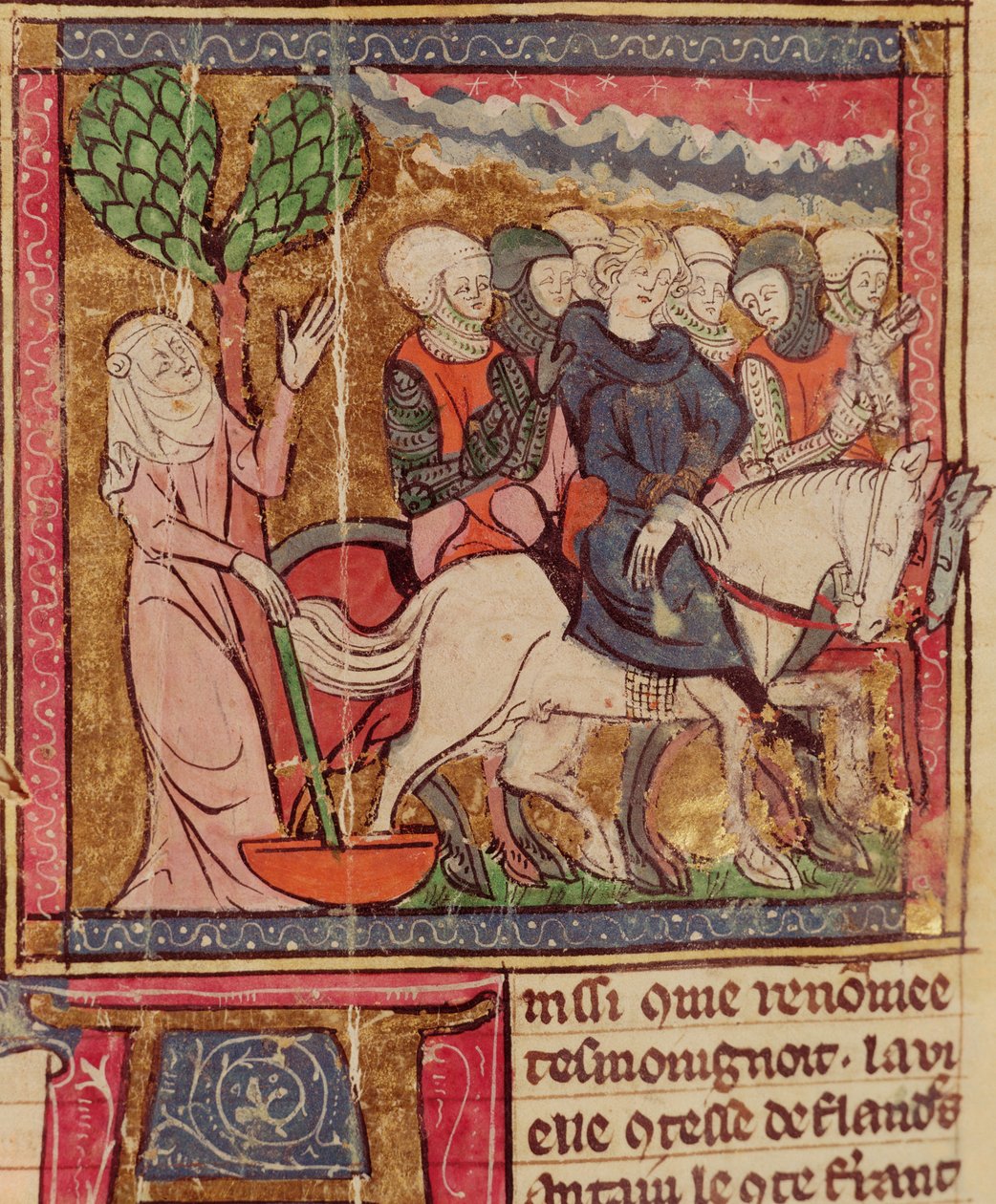 F.288r Ferdinand af Portugal (1186-1233) Greve af Flandern taget som fange til Paris efter slaget ved Bouvines, 27. juli 1214, Grandes Chroniques de France, 1375-79 af French School