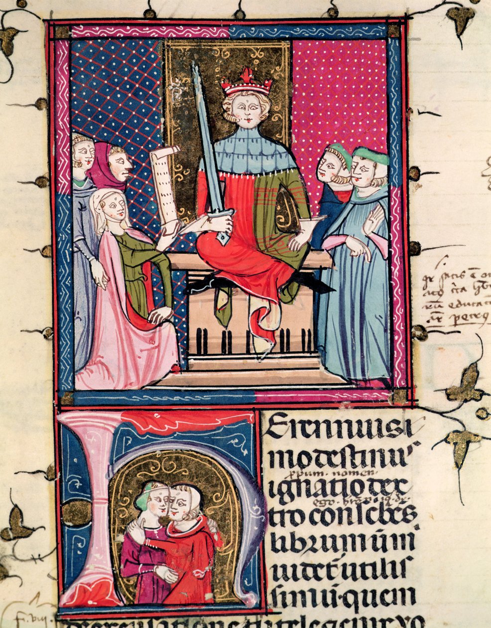 F.39r Ægteskabslov, en utro kone, der møder i retten, fra Justiniani i Fortiatum af French School