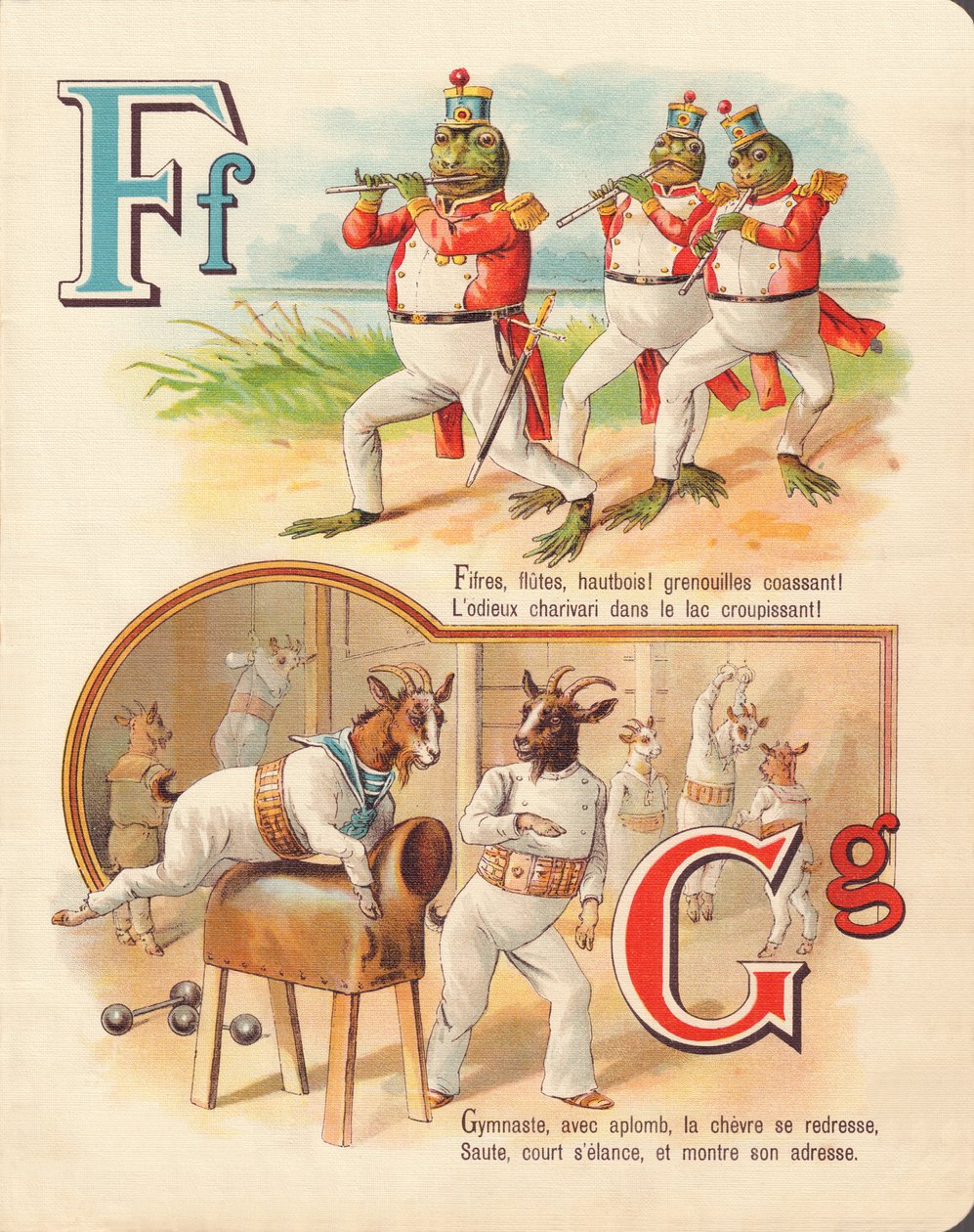 F G: Frø, fløjte, ged, gymnastik af French School