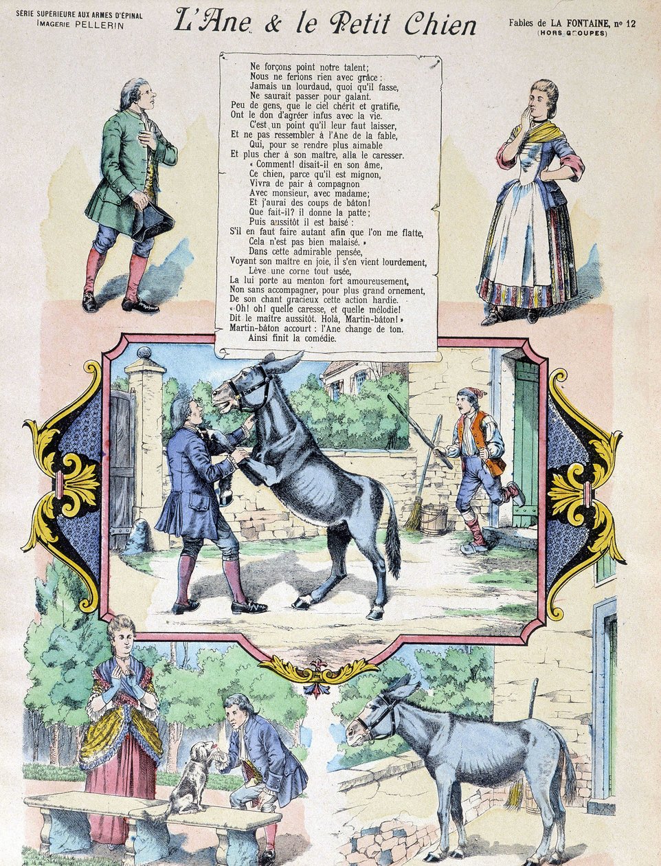Fable de La Fontaine "Æslet og den lille hund". Billede af Epinal-Pellerin af French School
