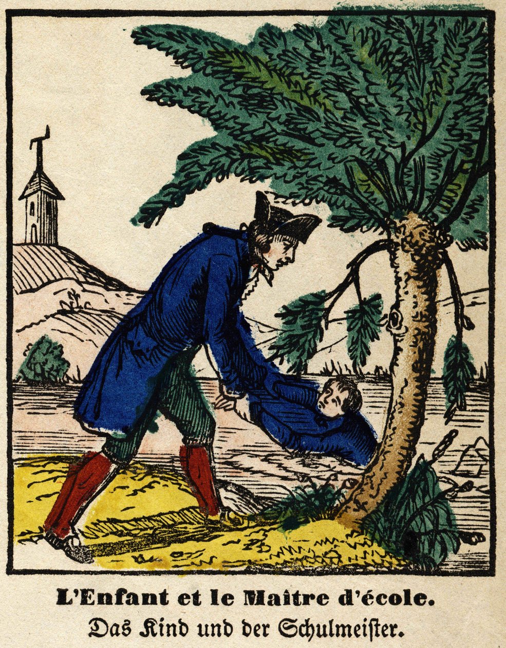 Fables de La Fontaine: barnet og skolemesteren. Billede af Epinal, første halvdel af det 19. århundrede af French School