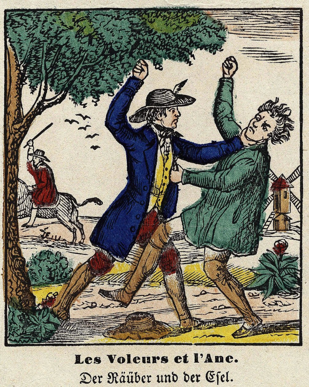 Fables de La Fontaine: tyvene og æslet. Billede af Epinal, første halvdel af det 19. århundrede. af French School