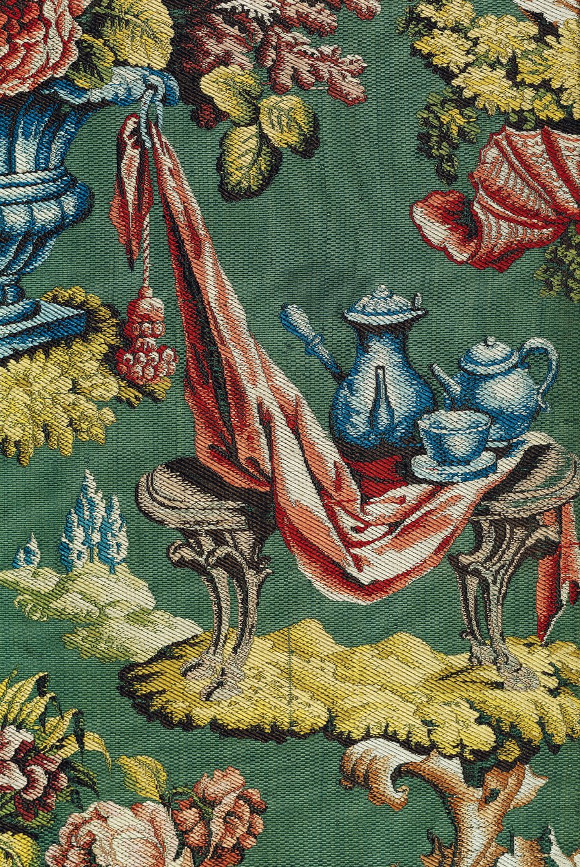 Stof forestillende en chokoladekande og en tekande, Lyon Workshop, ca. 1730 (silke) af French School