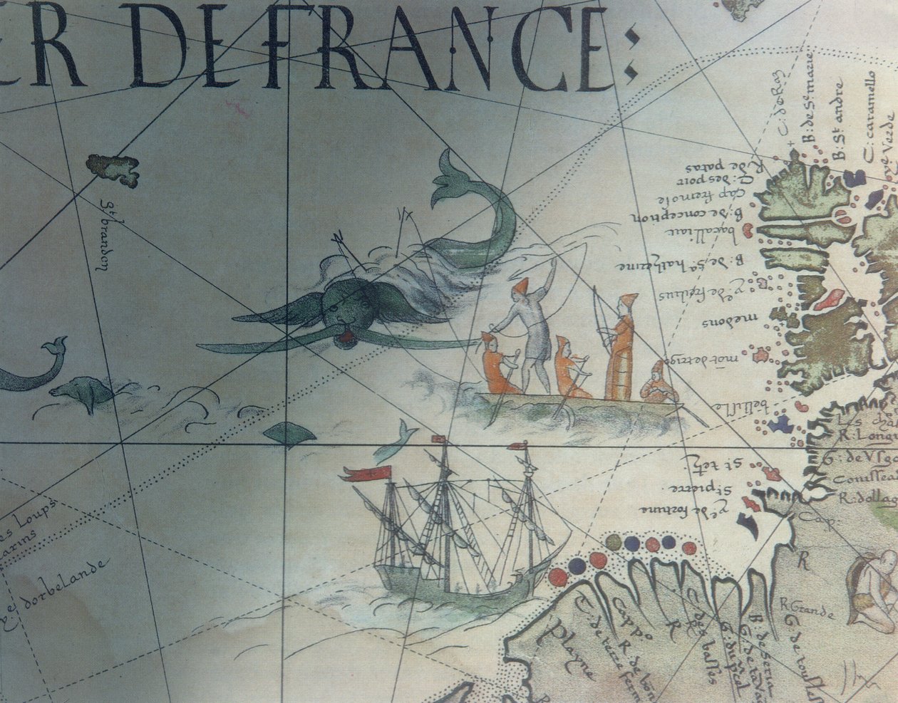 Faksimile af hvalfangst og Isle of Saint Brandon, detaljer fra et portolankort af Pierre Desceliers, 1546, udgivet i Monuments de la Geographie af Edme Francois Jomard (1777-1862) af French School