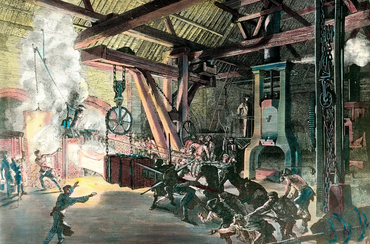 Fabrik: "" Le hamteau trommeslager (hammer-trommeslager) des forges du Creusot i 1865"" Gravering omkring 1865. Privat samling af French School